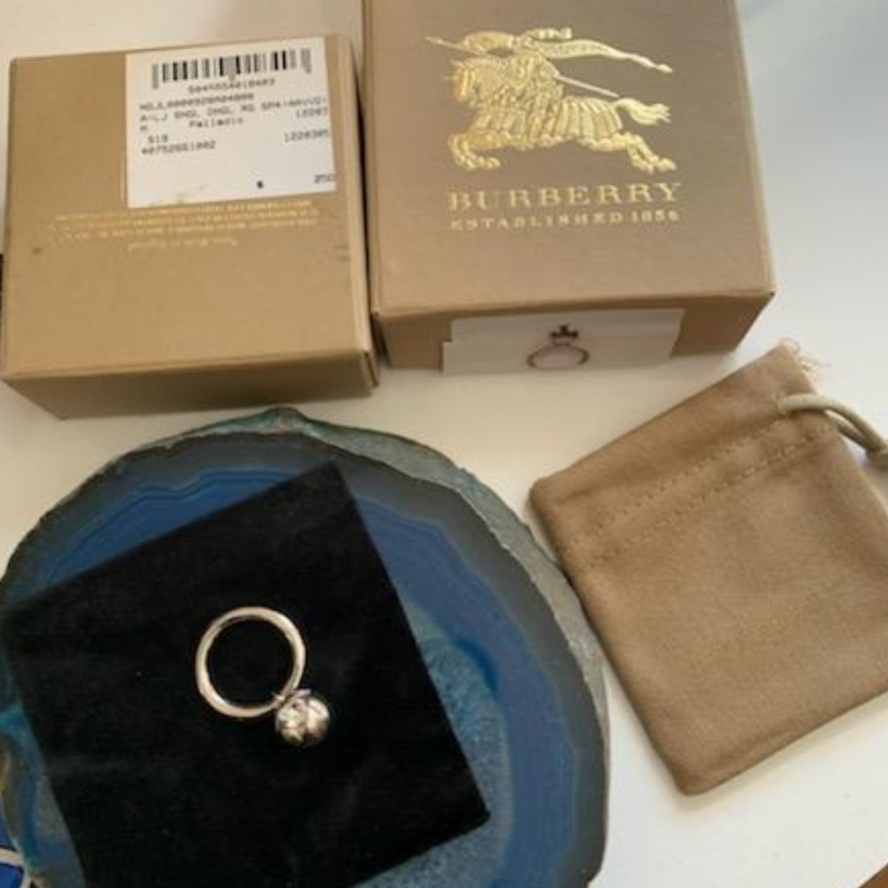 Burberry Ladies Crystal Charm Palladium-Plated Dangle Ring